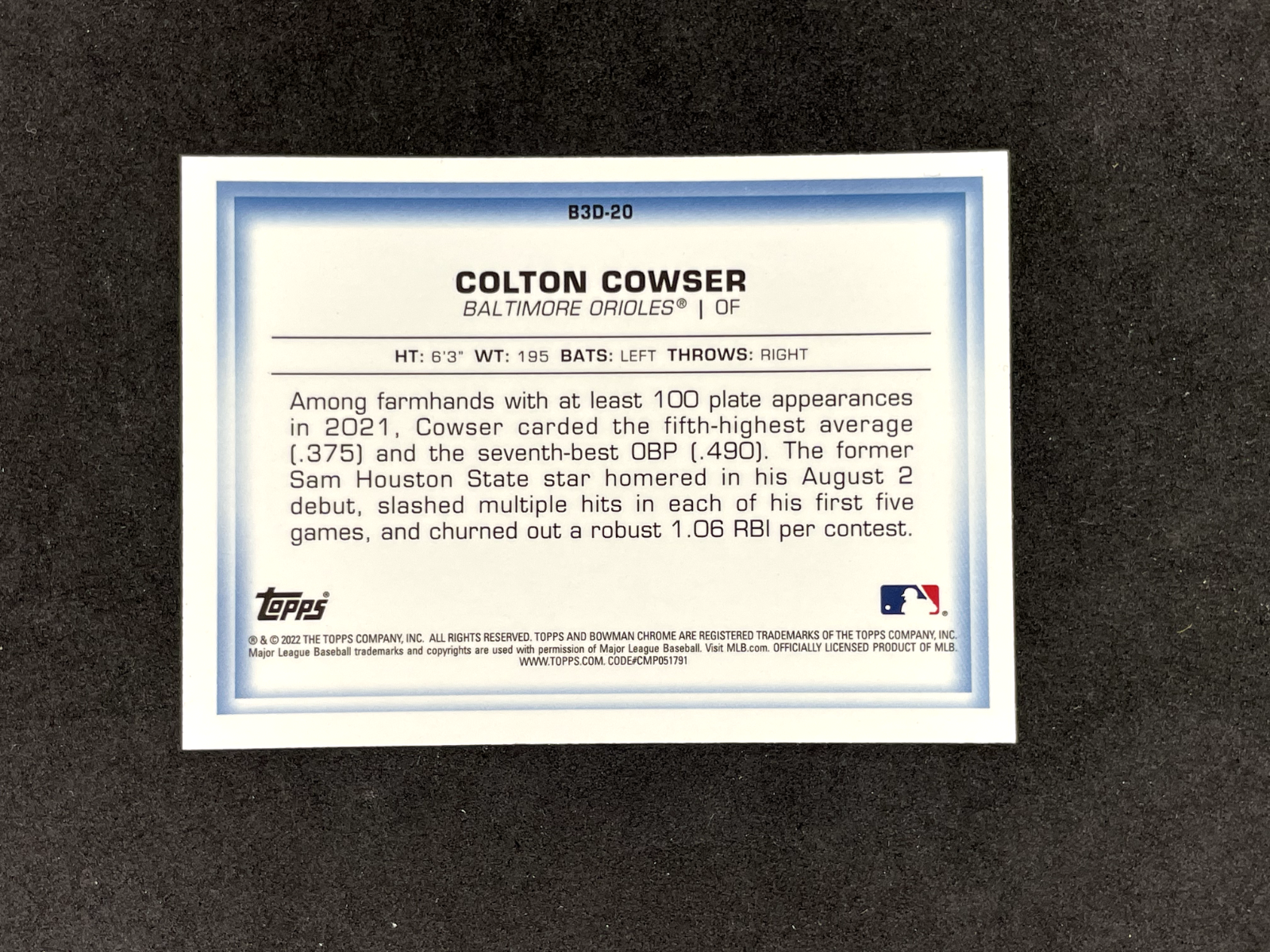 2022-Bowman-Chrome-Prospects-Colton-Cowser-In-3-D-Insert-B3D-20-Orioles-315361305860-2