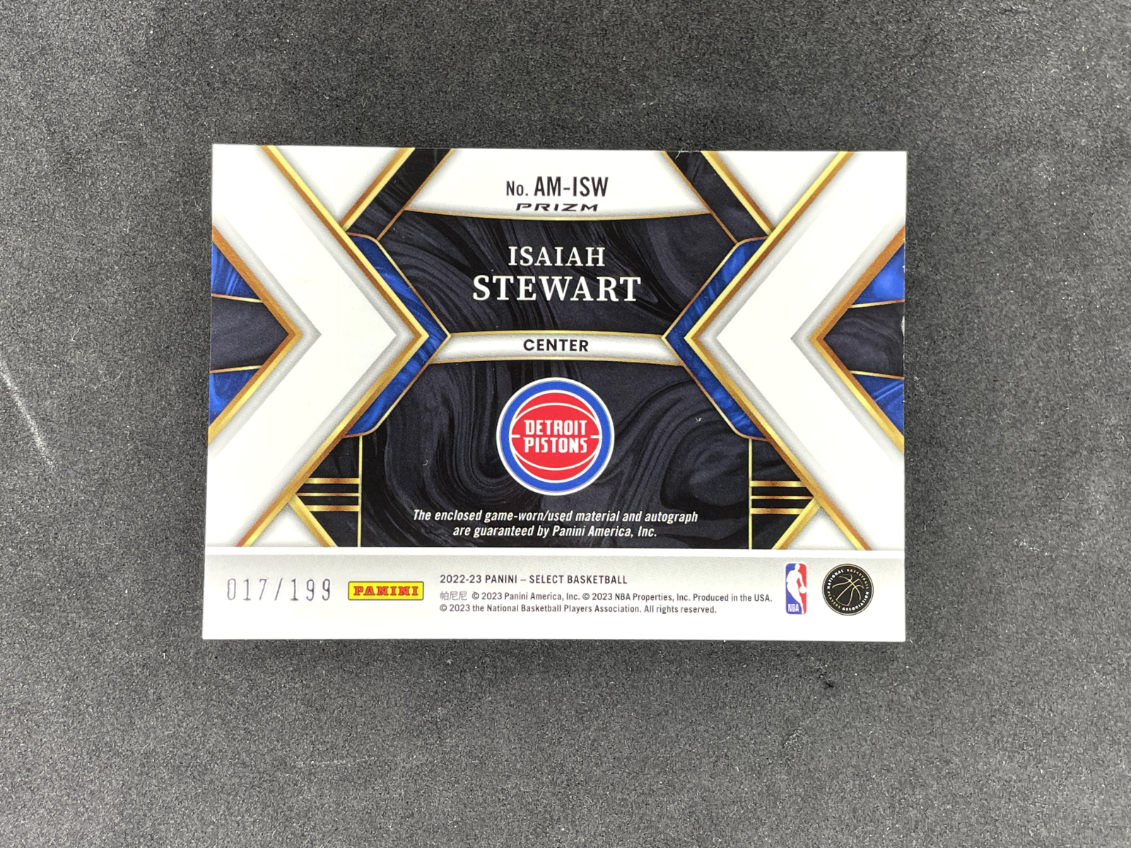 2022-23-Panini-Select-Isaiah-Stewart-Patch-Auto-199-Silver-Game-Worn-Pistons-315379583552-2