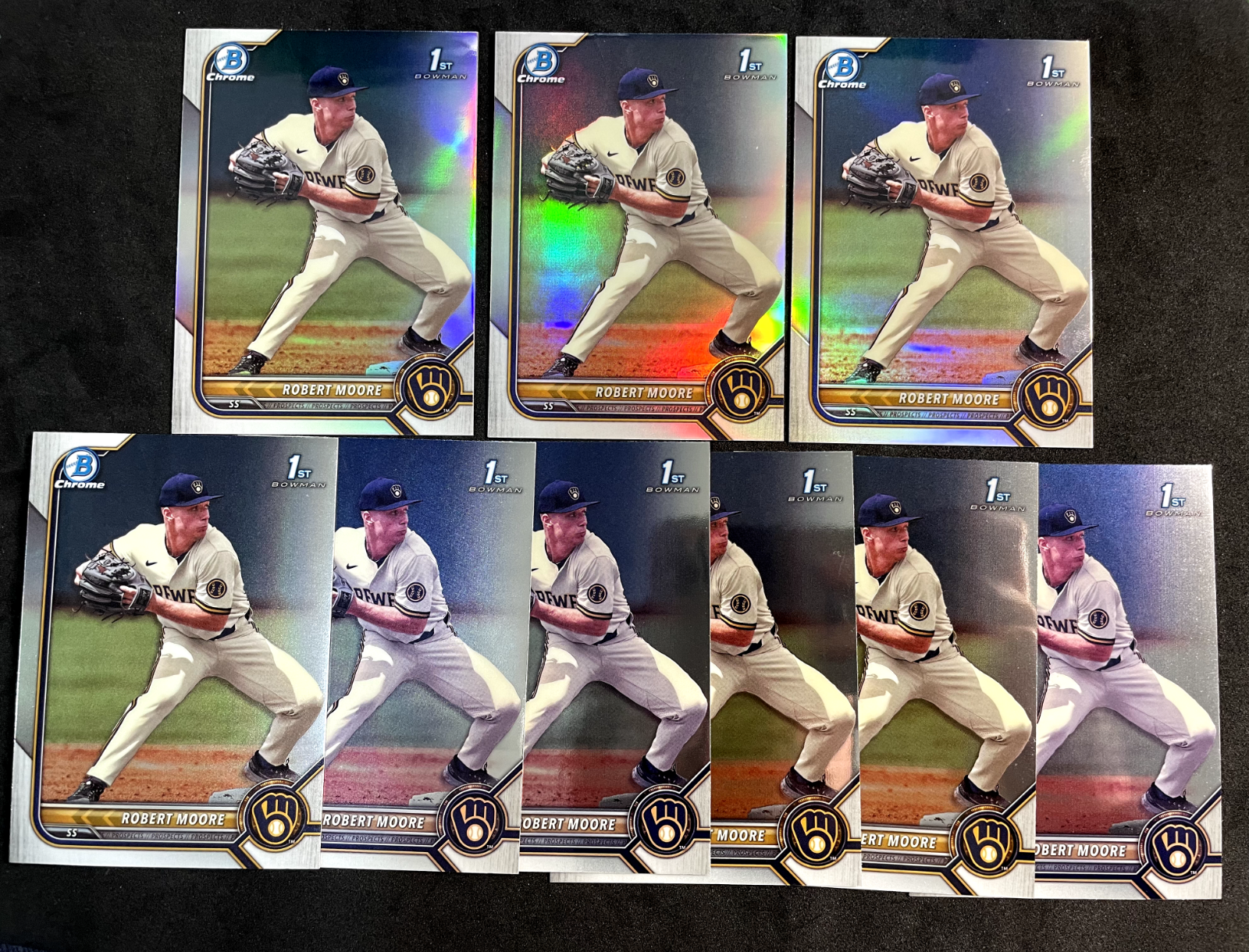 2022-Bowman-Chrome-Robert-Moore-1st-Bowman-Lot-3-Refractors-6-Chrome-Brewers-314760856253