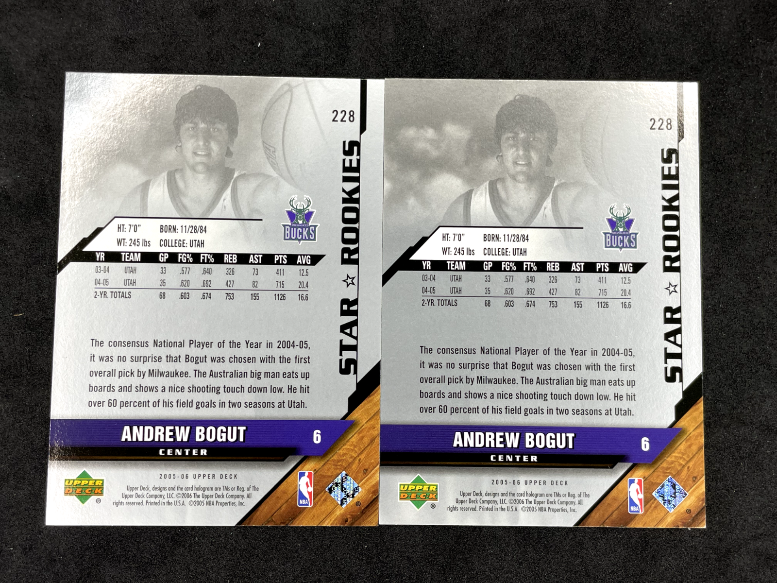 2005-06-Upper-Deck-Andrew-Bogut-Star-Rookies-Lot-of-2-228-Milwaukee-Bucks-315182941468-2